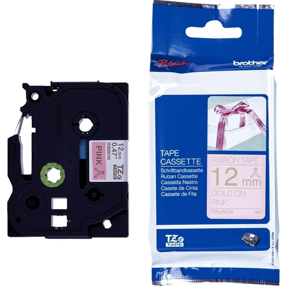 Brother TZe-RE34 Labelling Tape Cassette, Gold on Pink, 12mm (W) x 4M (L), Ribbon Tape, Brother Genuine Supplies