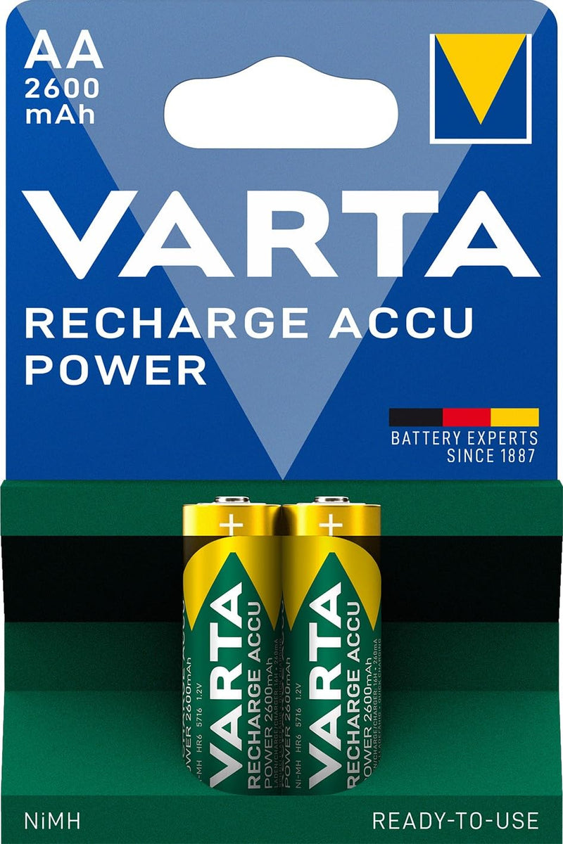 VARTA Ready2Use pre-charged rechargeable AA Mignon Ni-Mh battery, 2-pack, 2,600 mAh - rechargeable without memory effect - ready for immediate use