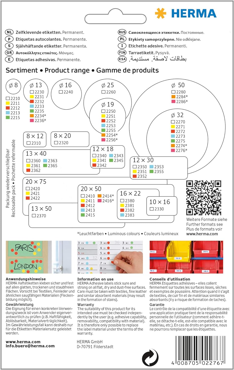 HERMA 2276 Multi-purpose labels/colour dots Ø 32 mm round luminous red paper matt hand inscription 360 pcs.