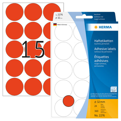 HERMA 2276 Multi-purpose labels/colour dots Ø 32 mm round luminous red paper matt hand inscription 360 pcs.