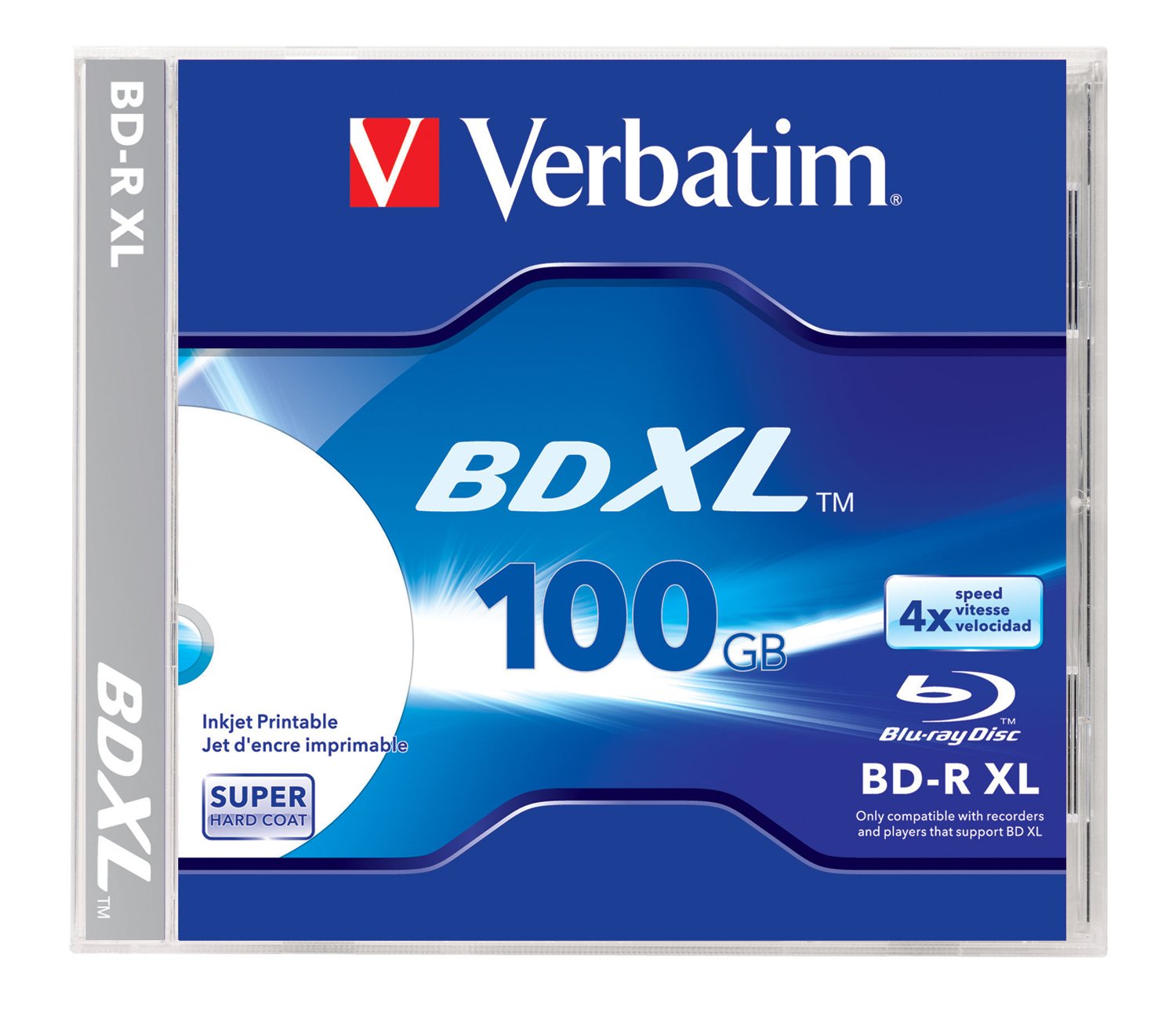 Verbatim BDXL 100GB 4X White Inkjet Printable, Hub Printable - 1pk Jewel Case, 43790