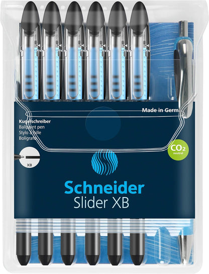 Schneider 151276 Slider Basic XB Pack of 6 and 1x Slider Rave XB Ballpoint Pen with Case, Black Ink