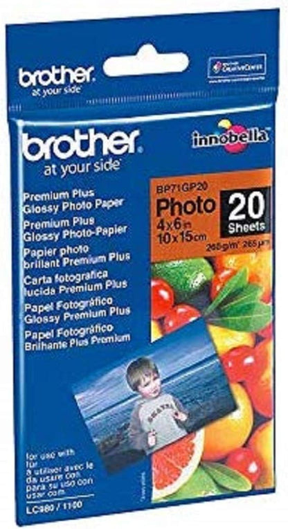 Brother BP71GP20 Photo Paper, 6 Inch x 4 Inch, Premium Plus Glossy, 15 cm (W) x 10 cm (L), 20 Sheets, Brother Genuine Supplies, white