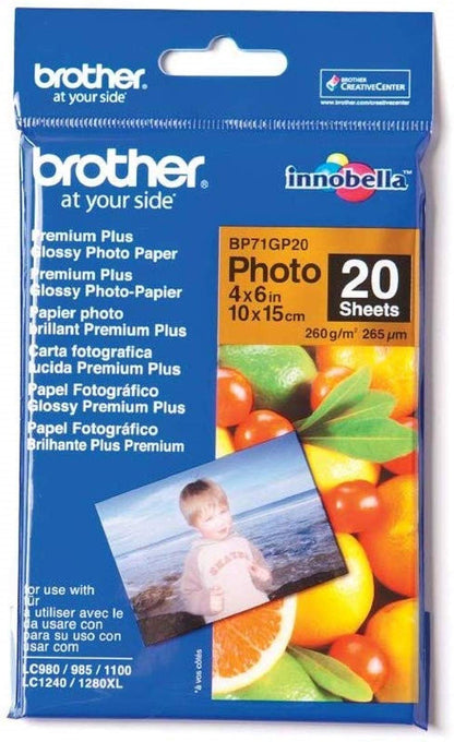 Brother BP71GP20 Photo Paper, 6 Inch x 4 Inch, Premium Plus Glossy, 15 cm (W) x 10 cm (L), 20 Sheets, Brother Genuine Supplies, white