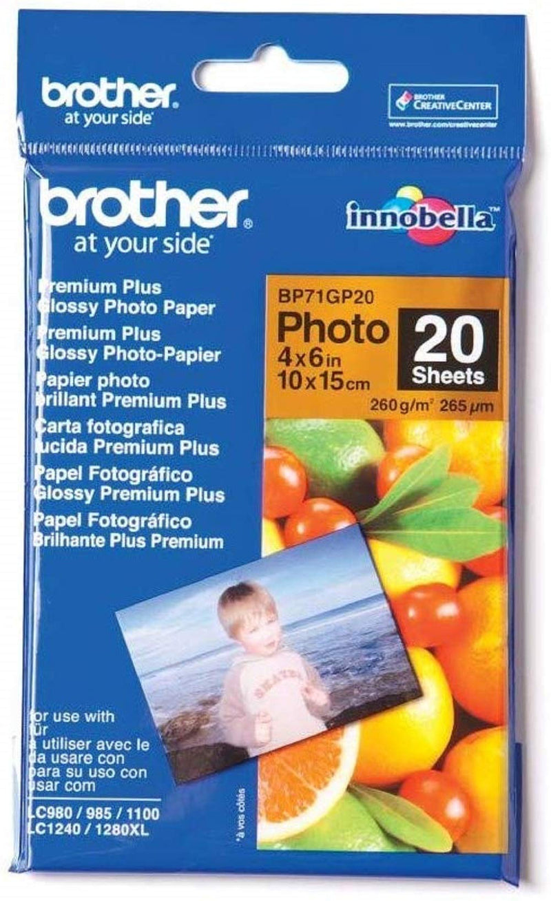 Brother BP71GP20 Photo Paper, 6 Inch x 4 Inch, Premium Plus Glossy, 15 cm (W) x 10 cm (L), 20 Sheets, Brother Genuine Supplies, white