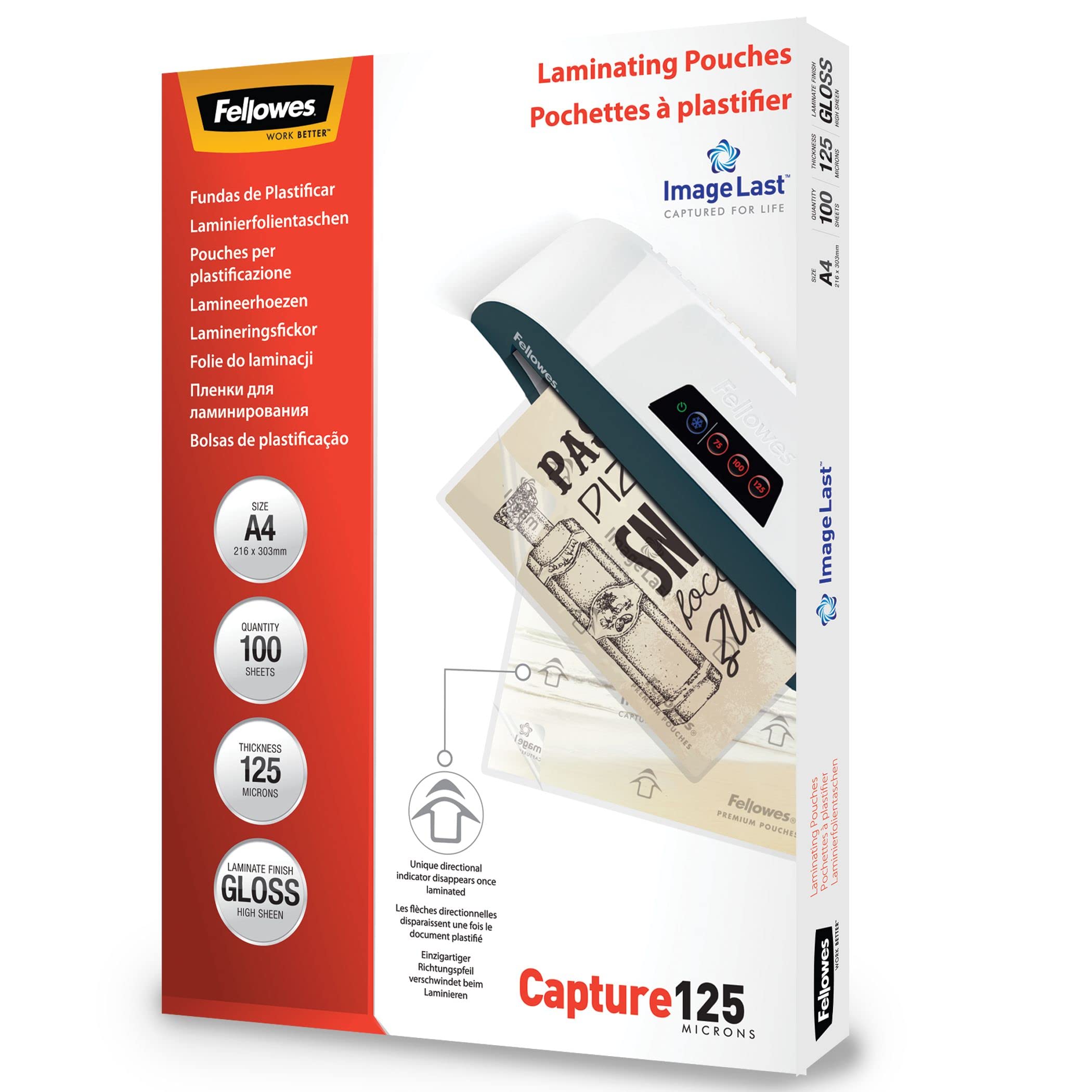 Fellowes A4 Laminating Pouches, Gloss Finish, 100 Sheets, 250 Micron (2 x 125 Micron) High Quality Finish with Image Last Directional Quality Mark - Ideal for Photos, Notices and Everyday Use