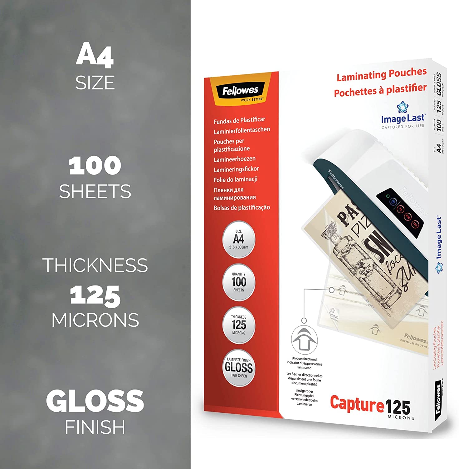 Fellowes A4 Laminating Pouches, Gloss Finish, 100 Sheets, 250 Micron (2 x 125 Micron) High Quality Finish with Image Last Directional Quality Mark - Ideal for Photos, Notices and Everyday Use