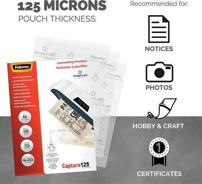 Fellowes A4 Laminating Pouches, Gloss Finish, 100 Sheets, 250 Micron (2 x 125 Micron) High Quality Finish with Image Last Directional Quality Mark - Ideal for Photos, Notices and Everyday Use