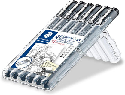 STAEDTLER ‎308 SB6P Pigment Liner Fineliner Pens with Assorted Line Width - Black (Set of 4 + 2 Free