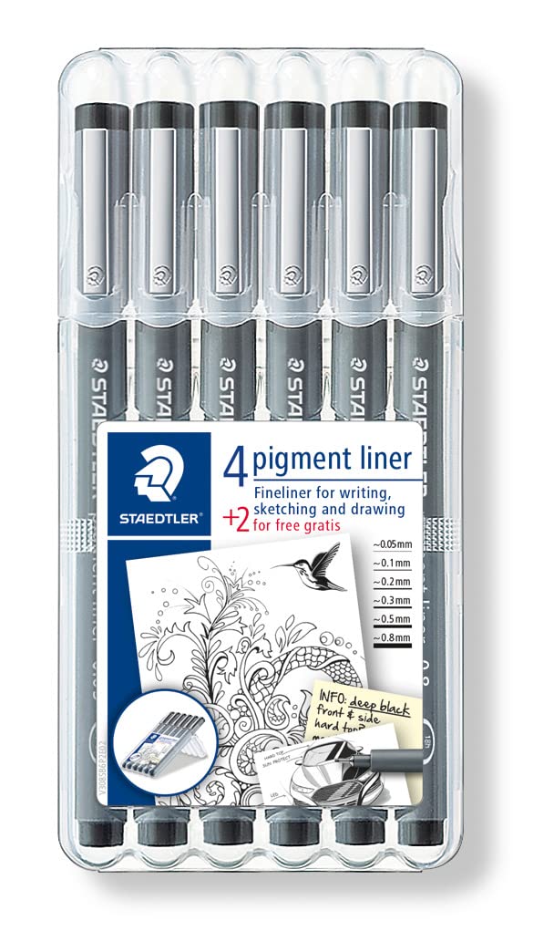 STAEDTLER ‎308 SB6P Pigment Liner Fineliner Pens with Assorted Line Width - Black (Set of 4 + 2 Free