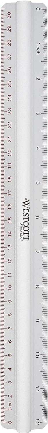 Westcott 12"/300mm Raised Grip Aluminium Ruler with Metric and Imperial Scale - Silver 300 mm