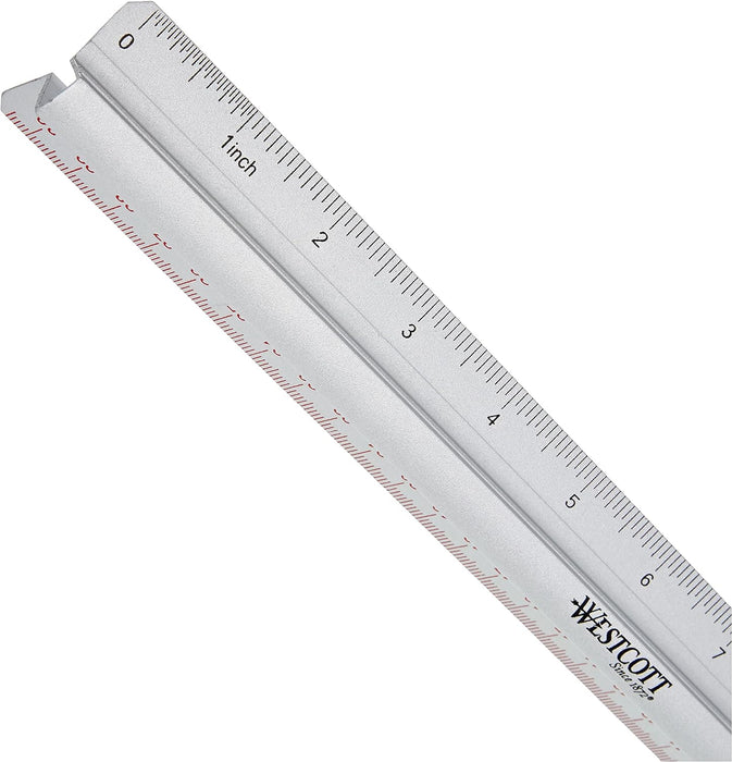 Westcott 12"/300mm Raised Grip Aluminium Ruler with Metric and Imperial Scale - Silver