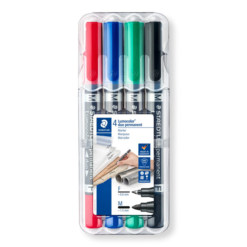 STAEDTLER 348 WP4 Lumocolor Permanent Duo Double-Ended Marker Pen, Fine & Medium Line Width - Assorted Colours (Pack of 4