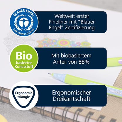 Schneider Line-Up Fineliner 0.4 mm Line Width Made of Bio-Based Plastic Awarded with The Blue Angel Pack of 10 Lapis Blue