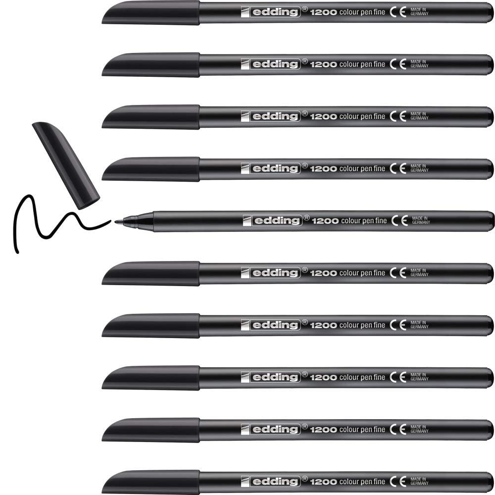 edding 1200 colour pen fine - black - 10 pens - round tip 1 mm - felt-tip pen for drawing and writing - for school or mandala