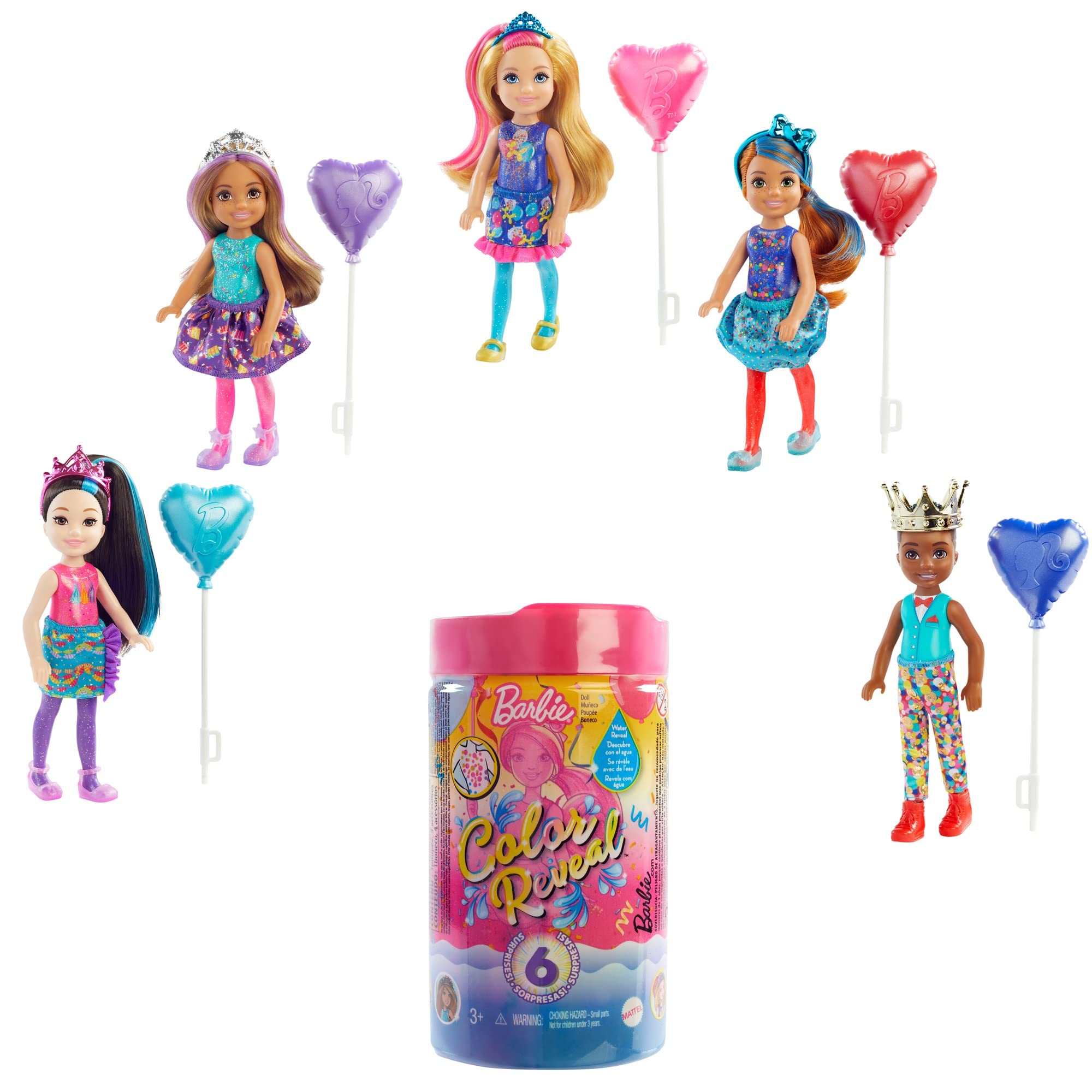 Barbie Chelsea Color Reveal Pop met 6 verrassingen: 4 zakjes met een rokje of broek, schoenen, tiara en ballonaccessoire, voor kinderen van 3 jaar en ouder Multicolor