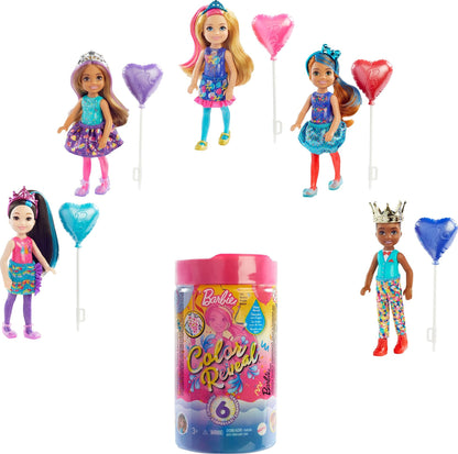 Barbie Chelsea Color Reveal Pop met 6 verrassingen: 4 zakjes met een rokje of broek, schoenen, tiara en ballonaccessoire, voor kinderen van 3 jaar en ouder Multicolor