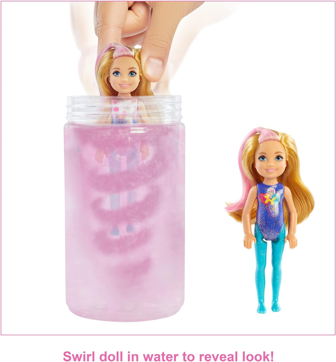 Barbie Chelsea Color Reveal Pop met 6 verrassingen: 4 zakjes met een rokje of broek, schoenen, tiara en ballonaccessoire, voor kinderen van 3 jaar en ouder Multicolor