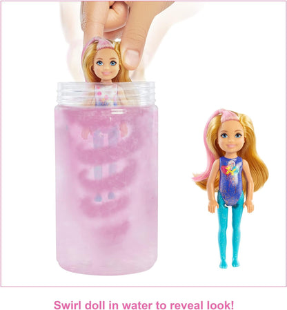 Barbie Chelsea Color Reveal Pop met 6 verrassingen: 4 zakjes met een rokje of broek, schoenen, tiara en ballonaccessoire, voor kinderen van 3 jaar en ouder Multicolor