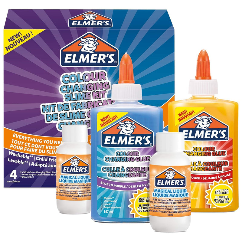 Elmer’s Colour Changing Slime Kit | Slime Supplies Include Colour Changing Glue | With Magical Liquid Slime Activator | Activates with UV Light | 4 Piece Kit Slime Kit 1 Pack Yellow and Blue