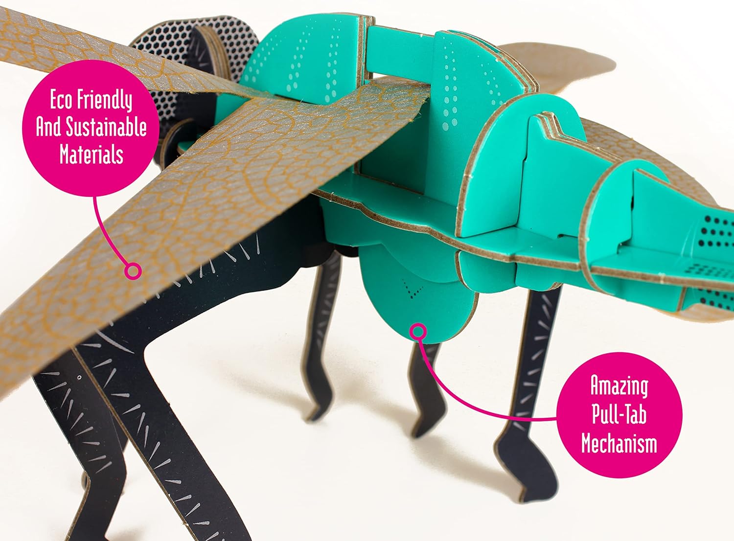 Build Your Own Beautiful Dragonfly - Pull Tab Flapping Wing Action - Eco Friendly Cardboard Craft Kit - Ages 8+