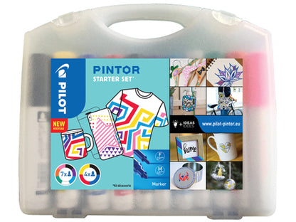 PILOT Maletín con 4 Pintor - Rotuladores al Agua Multisuperficie de Secado Rápido - Textil, Vidrio, Madera, Piedra, Bricolaje - 11 colores - Punta Fina (x7) y Punta Ancha (x4