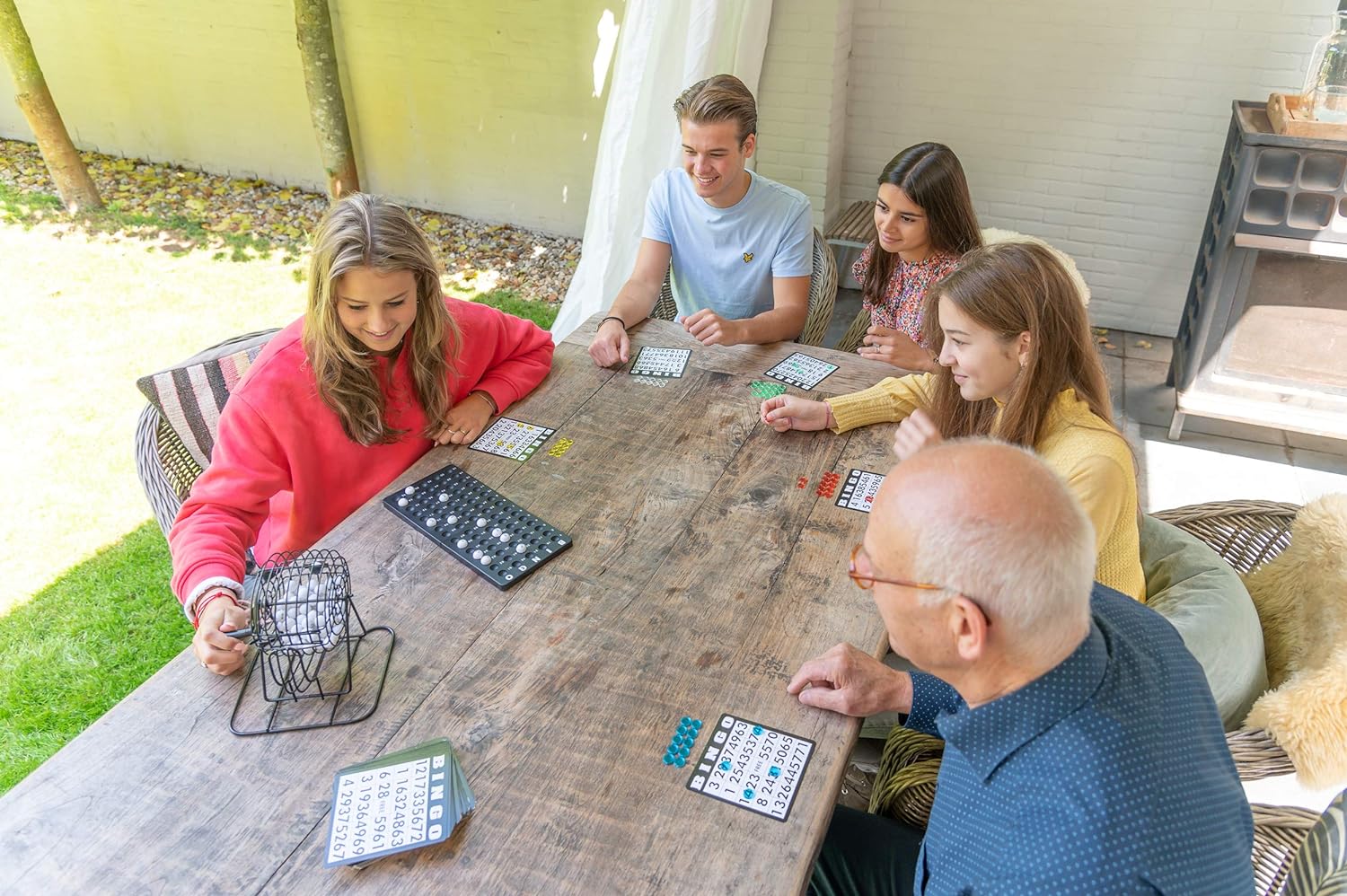 Engelhart - Mini jeu de bingo complet avec sphère - 360564 - Bingo Set Round Cage 14 inch, 75 Balls,18 Cards, 150 Coloured Markers Lotto Family lottery