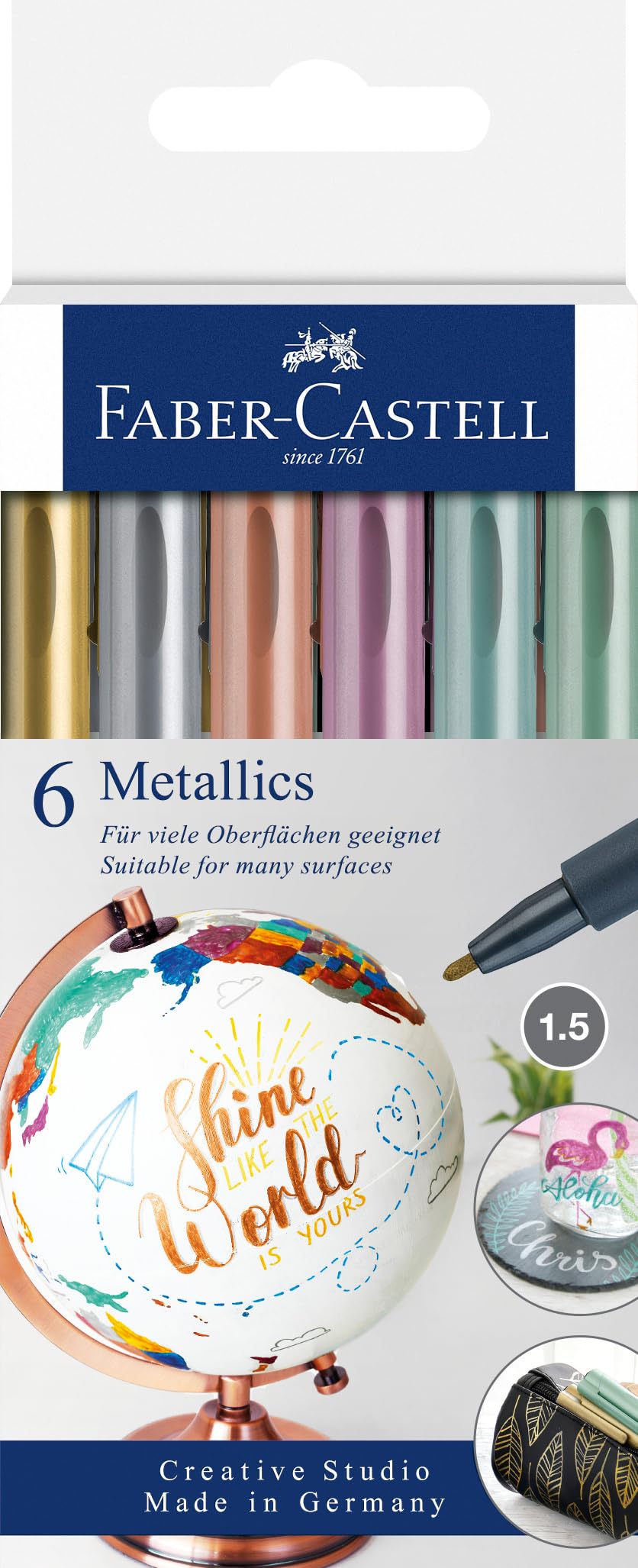 Faber-Castell Creative Studio Metallics Marker, Multicoloured, Cardboard Wallet Of 6, For Art, Craft, Drawing, Sketching, Home, School, University, Colouring