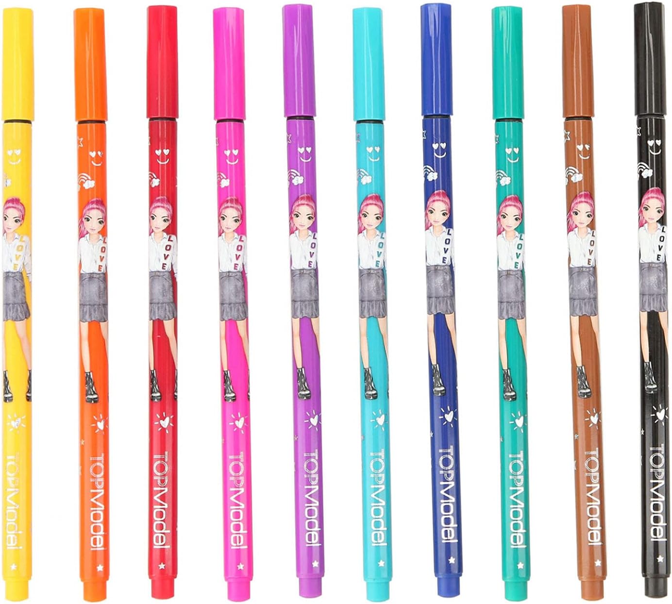 Depesche 11500 TOPModel - Fineliner Set with 10 Pens and 2 Stencils, Fine Painters in 10 Different Colours, Ideal for Writing, Drawing and Hand Lettering