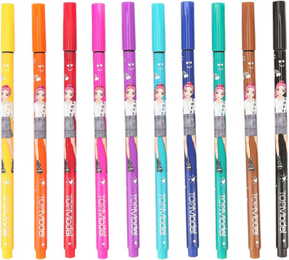 Depesche 11500 TOPModel - Fineliner Set with 10 Pens and 2 Stencils, Fine Painters in 10 Different Colours, Ideal for Writing, Drawing and Hand Lettering