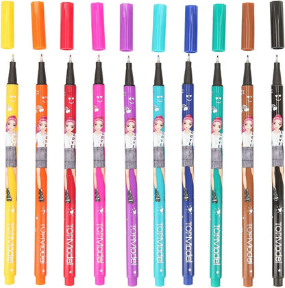Depesche 11500 TOPModel - Fineliner Set with 10 Pens and 2 Stencils, Fine Painters in 10 Different Colours, Ideal for Writing, Drawing and Hand Lettering