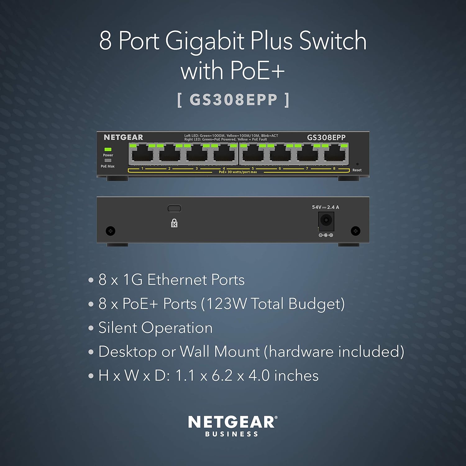 NETGEAR PoE Switch 8 Port Gigabit Ethernet Plus Network Switch (GS308EPP) - with 8 x PoE+ @ 123W, Desktop or Wall Mount 8 Port Managed | 8 x PoE+ 123W