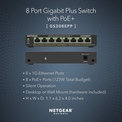 NETGEAR PoE Switch 8 Port Gigabit Ethernet Plus Network Switch (GS308EPP) - with 8 x PoE+ @ 123W, Desktop or Wall Mount 8 Port Managed | 8 x PoE+ 123W