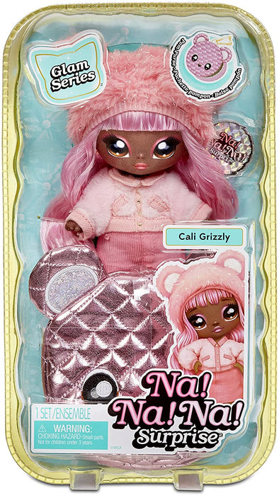 Na Na Na Surprise 2-in-1 Fashion Doll & Metallic Purse Glam Series - Collectable - Pink Hair Doll with Pink Bear Purse - Cali Grizzly