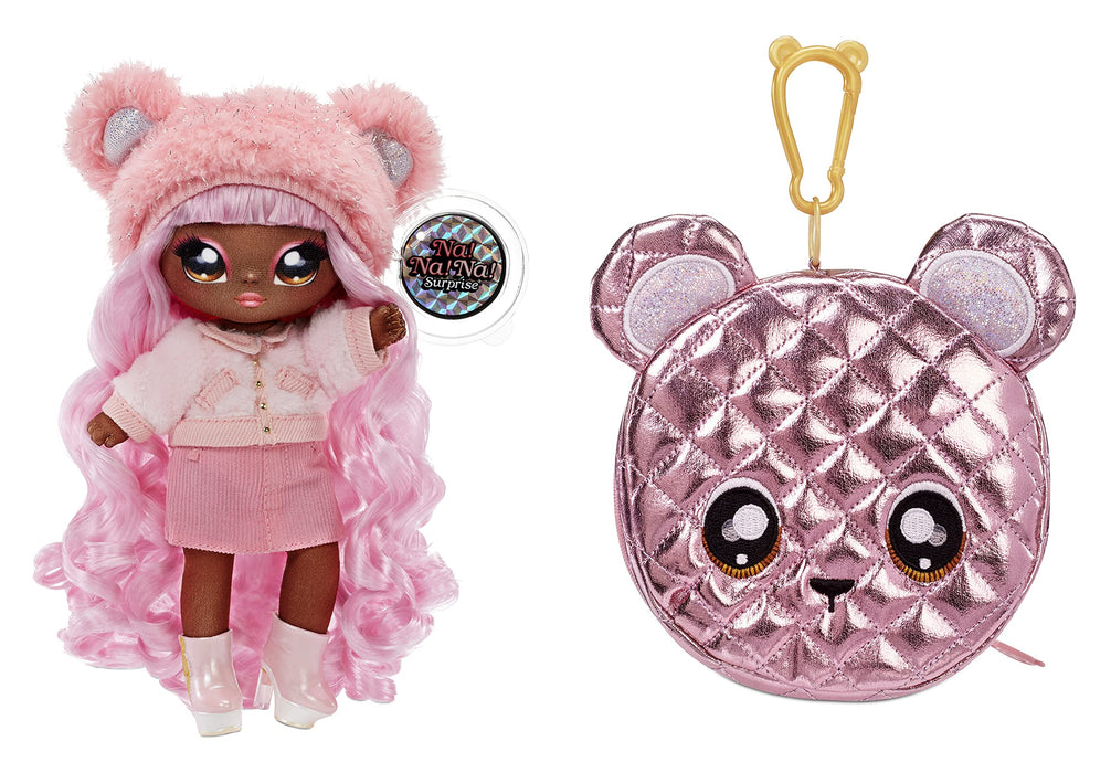 Na Na Na Surprise 2-in-1 Fashion Doll & Metallic Purse Glam Series - Collectable - Pink Hair Doll with Pink Bear Purse - Cali Grizzly