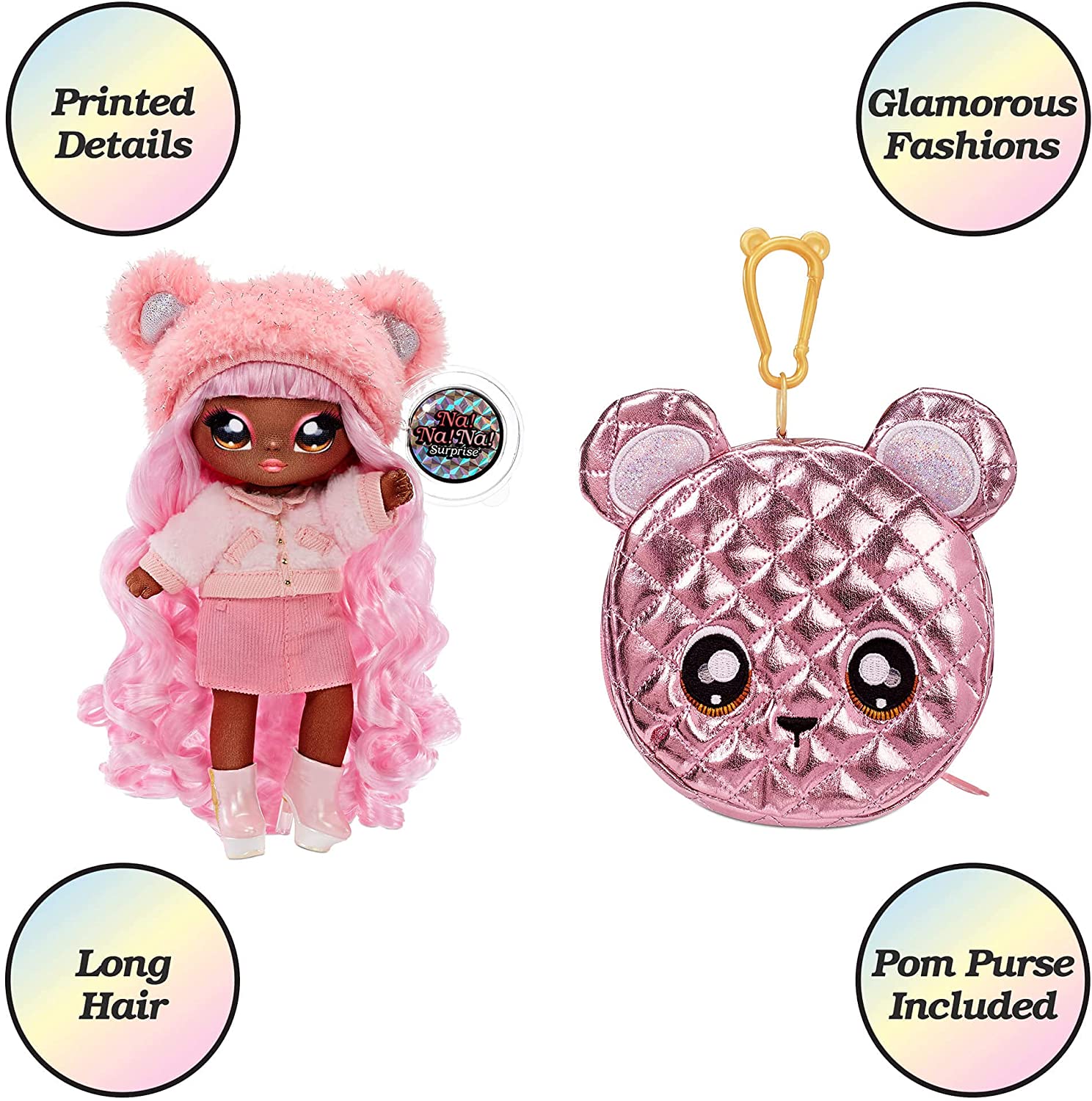 Na Na Na Surprise 2-in-1 Fashion Doll & Metallic Purse Glam Series - Collectable - Pink Hair Doll with Pink Bear Purse - Cali Grizzly
