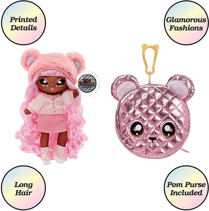 Na Na Na Surprise 2-in-1 Fashion Doll & Metallic Purse Glam Series - Collectable - Pink Hair Doll with Pink Bear Purse - Cali Grizzly