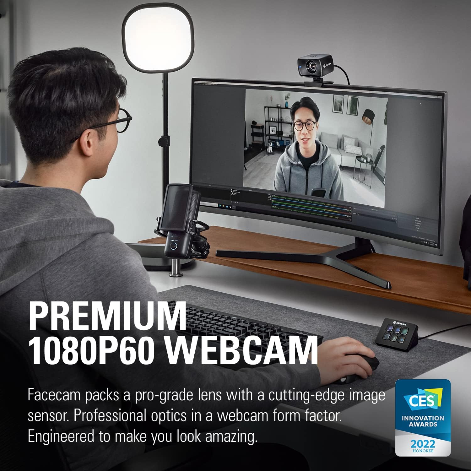 Elgato Facecam - 1080p60 Full HD Webcam for Video Conferencing, Gaming, Streaming, Sony Sensor, Fixed-Focus Glass Lens, Optimised for Indoor Lighting, Onboard Memory, Zoom, Microsoft Teams, PC/Mac Webcam Facecam