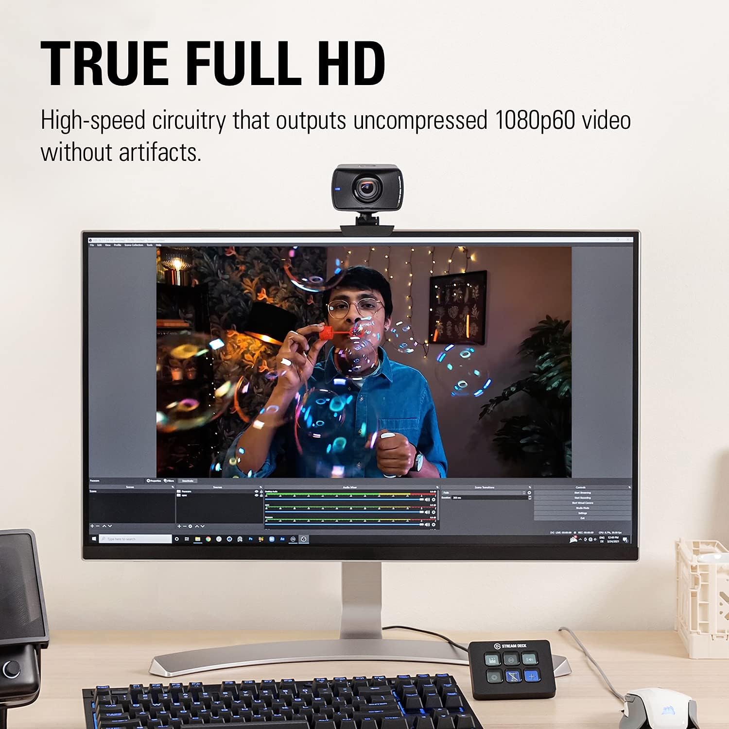 Elgato Facecam - 1080p60 Full HD Webcam for Video Conferencing, Gaming, Streaming, Sony Sensor, Fixed-Focus Glass Lens, Optimised for Indoor Lighting, Onboard Memory, Zoom, Microsoft Teams, PC/Mac Webcam Facecam