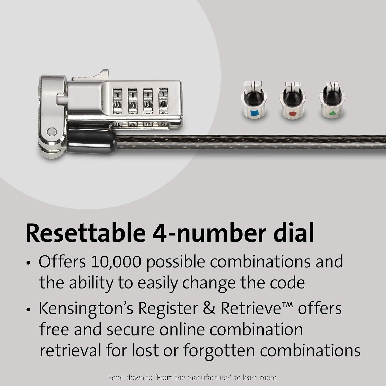 Kensington Universal 3-in-1 Combination Laptop Lock Kit, Computer Anti Theft Security Tether Device, 1.8 Metre Secure Flexible Carbon Steel Cable - K62316WW, Black