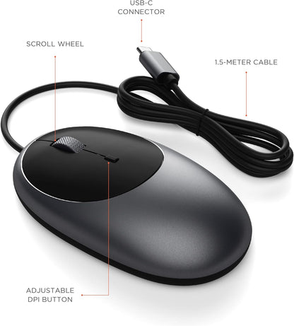 Satechi Aluminum C1 USB-C Wired Mouse – Optical Computer Mouse – For M2/ M1 MacBook Pro/Air, M2/ M1 iPad Pro/Air, M2 Mac Mini, iMac M1 (Space Gray
