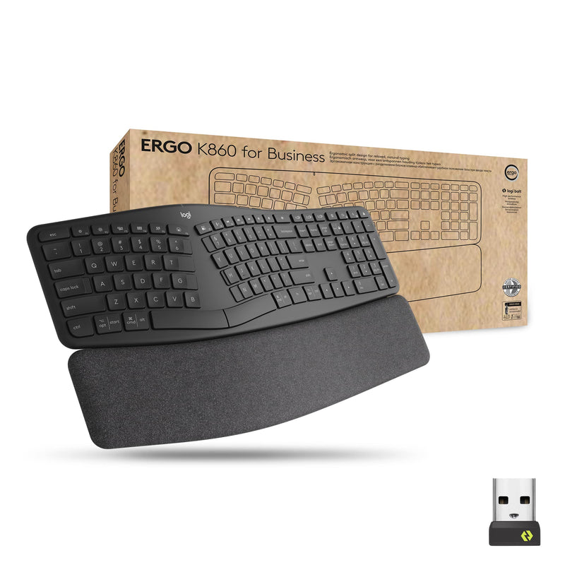 Logitech ERGO K860 Split Wireless Keyboard for Business - Ergonomic Design, Secured Logi Bolt Technology, Bluetooth, Globally Certified, Windows/Mac/Chrome/Linux, QWERTY UK English Layout - Grey