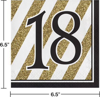 Creative Converting Black and Gold Number 18 Paper Luncheon Napkins,13"-16 Pcs, Happy Birthday