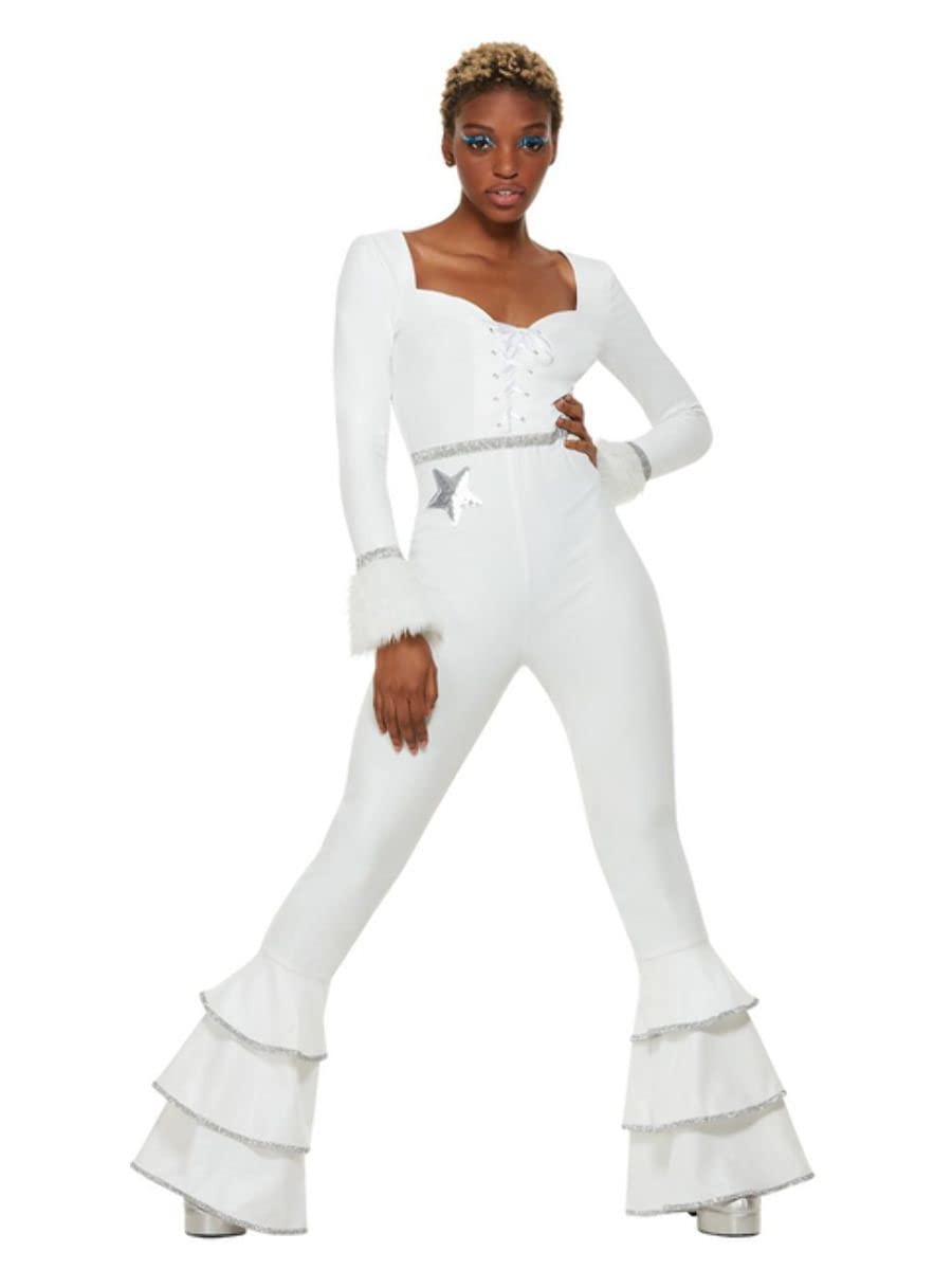 70s Deluxe Glam Costume, White, Ruffled Jumpsuit (XS