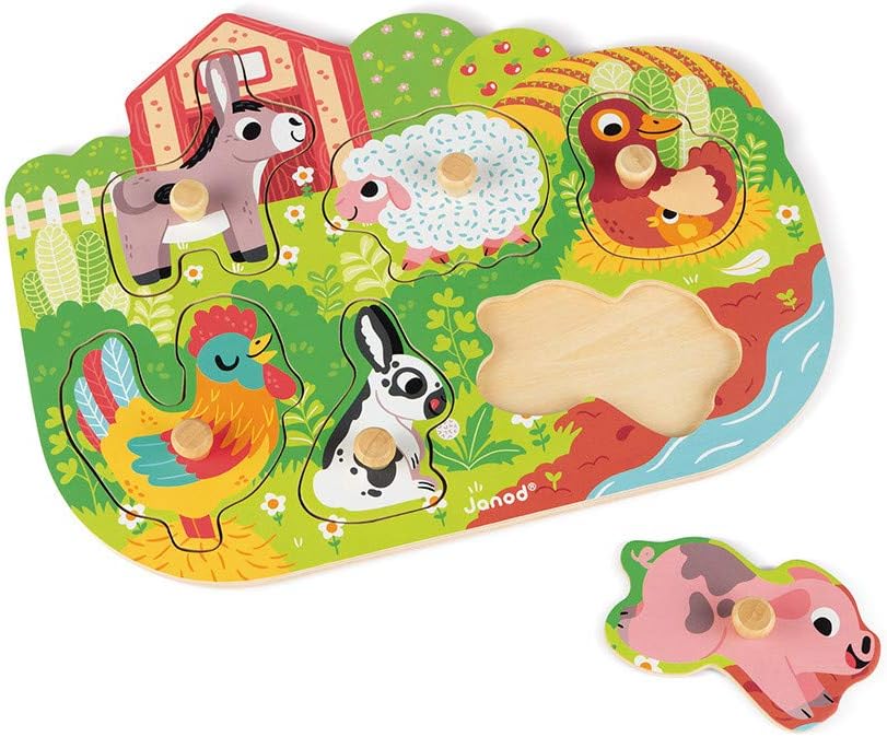 Janod - Wooden Puzzle Happy Farm - 6 Pieces - Toddler Toy - For children from the Age of 18 Months, J07096