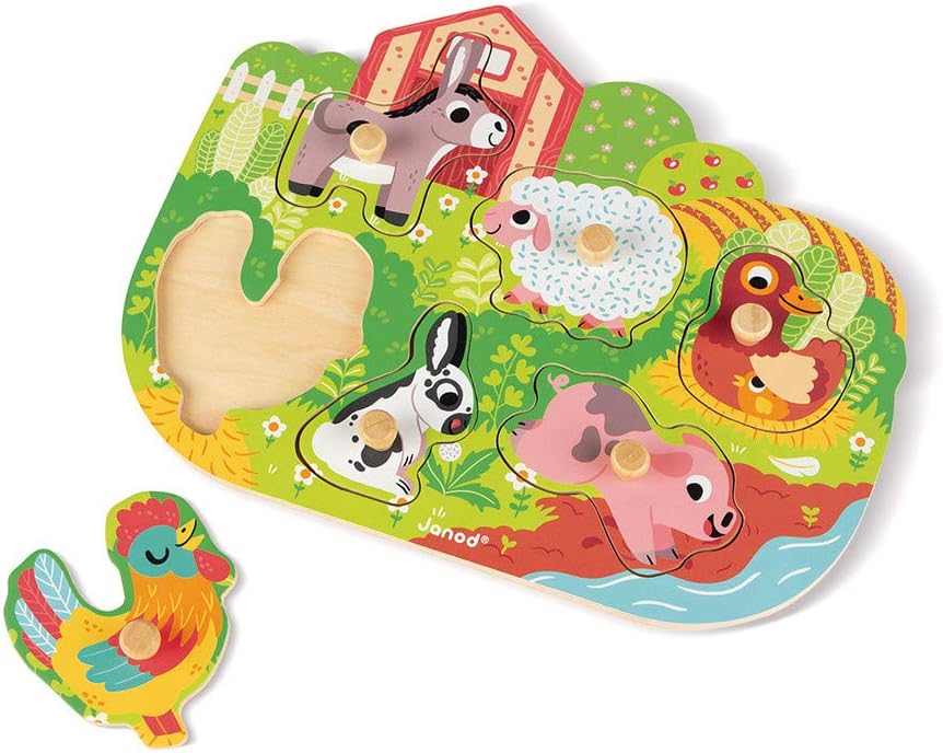 Janod - Wooden Puzzle Happy Farm - 6 Pieces - Toddler Toy - For children from the Age of 18 Months, J07096