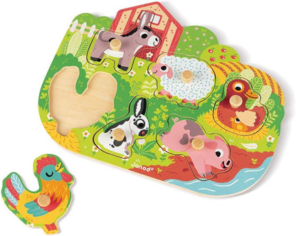 Janod - Wooden Puzzle Happy Farm - 6 Pieces - Toddler Toy - For children from the Age of 18 Months, J07096