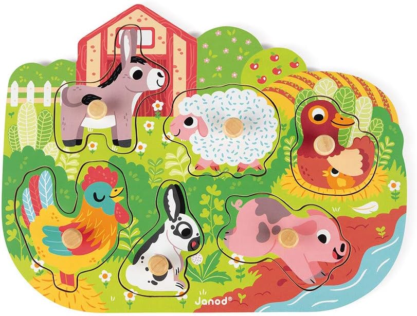 Janod - Wooden Puzzle Happy Farm - 6 Pieces - Toddler Toy - For children from the Age of 18 Months, J07096