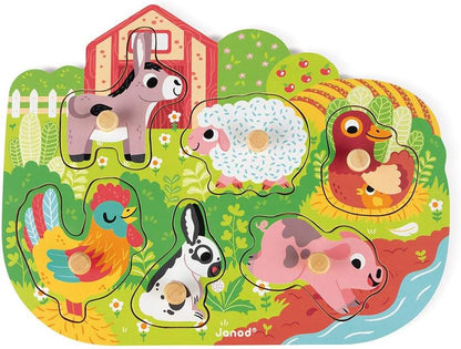Janod - Wooden Puzzle Happy Farm - 6 Pieces - Toddler Toy - For children from the Age of 18 Months, J07096