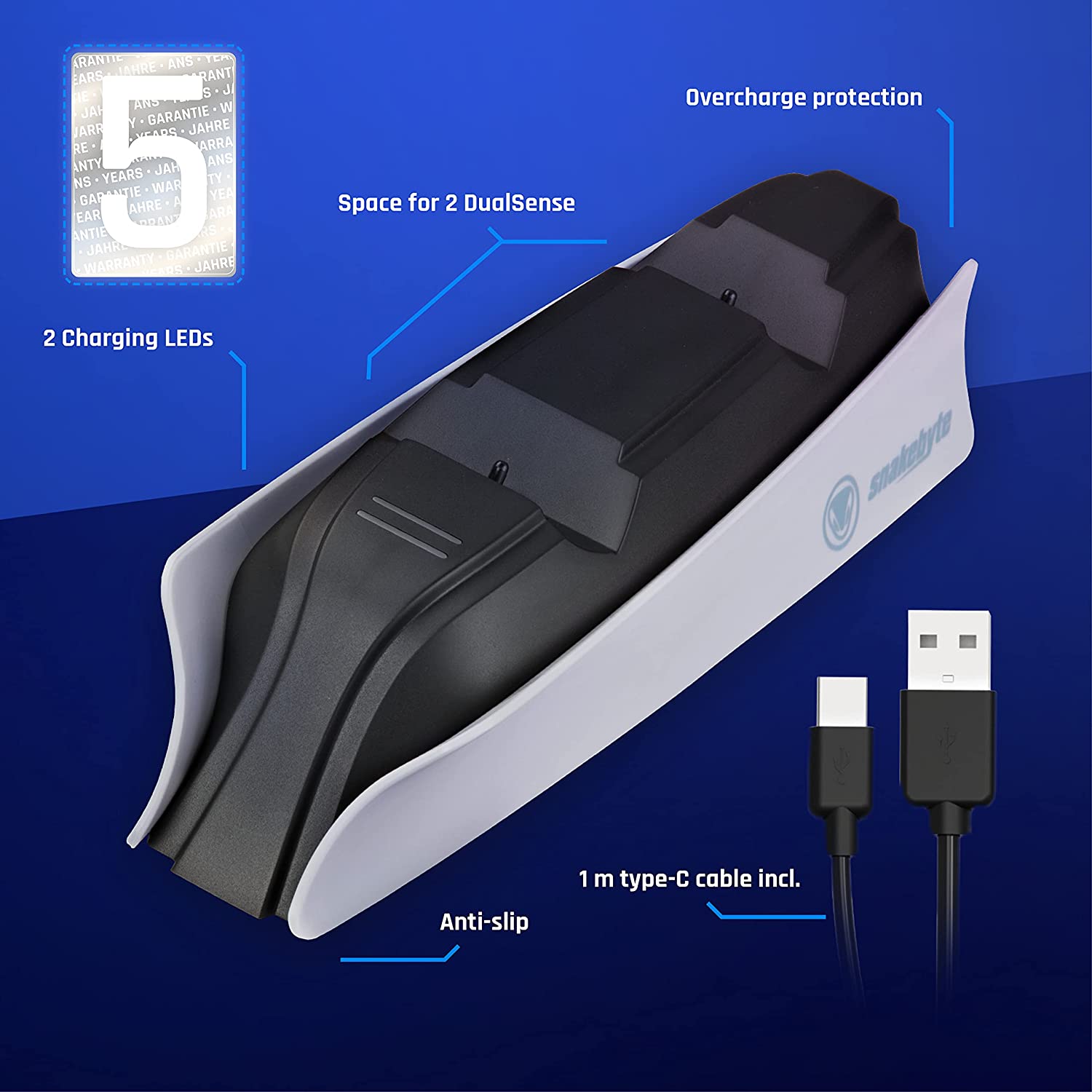 Snakebyte PS5 TWIN:CHARGE 5 - PlayStation 5 charging station for DualSense controller, charger kit for 2 wireless controllers including Type-C cable, LED charge status display, PS5 design, White